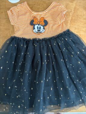 Disney Girls 4T Minnie Mouse Orange Striped Top with Black Star Tulle Skirt